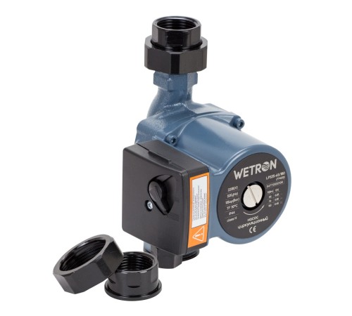 Насос циркуляційний 100Вт Hmax 6м Qmax 75л/хв Ø1 1/2" 180мм+гайки Ø1" WETRON (774532)