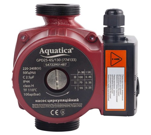 Насос циркуляційний 100Вт Hmax 6м Qmax 75л/хв Ø1½" 130мм+гайки Ø1" AQUATICA (774133)