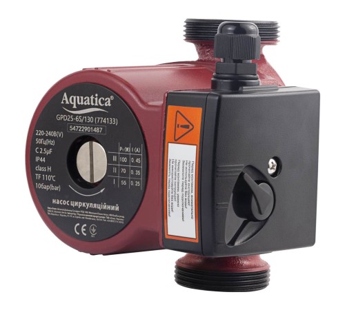 Насос циркуляційний 100Вт Hmax 6м Qmax 75л/хв Ø1½" 130мм+гайки Ø1" AQUATICA (774133)