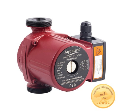 Насос циркуляційний 100Вт Hmax 6м Qmax 75л/хв Ø1½" 130мм+гайки Ø1" AQUATICA (774133)