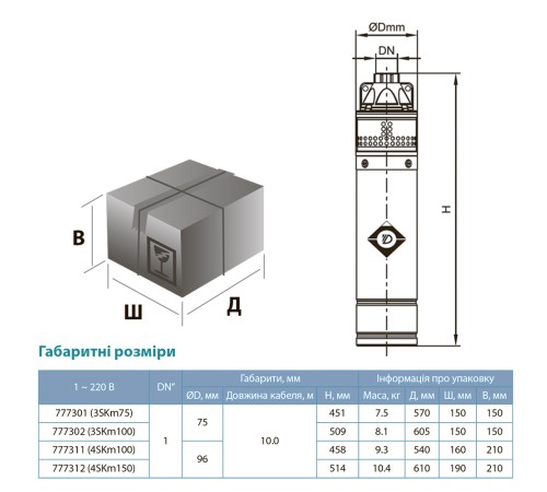 Насос вихровий свердловинний 0.75кВт H 54(30)м Q 40(20)л/хв Ø75мм AQUATICA (DONGYIN) 3SKm100 (777302)