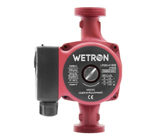 Насос циркуляційний 75Вт Hmax 4м Qmax 40л/хв Ø1½" 180мм бордо+гайки Ø1" WETRON LР525–4/180В (774212)