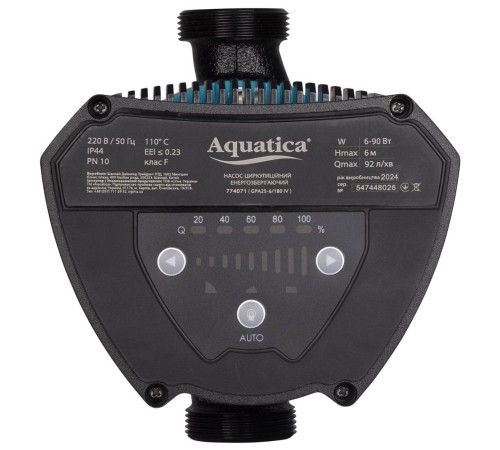 Насос циркуляційний енергозберігаючий 6-90Вт Hmax 6м Qmax 92л/хв Ø1½" 180мм + гайки Ø1" AQUATICA GPA25-6/180 IV (774071)