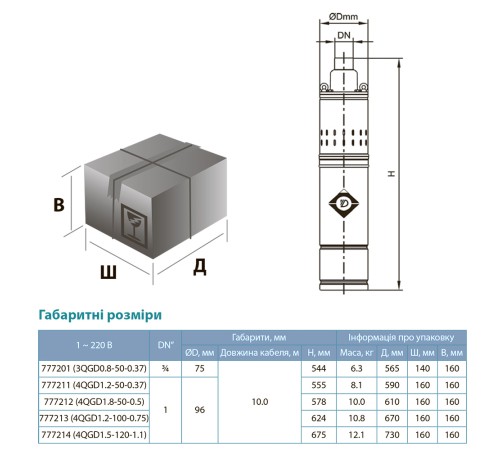Насос шнековий свердловинний 1.1кВт H 190(116)м Q 45(25)л/хв Ø96мм (нерж) DONGYIN 4QGD1.5-120-1.1 (777214)