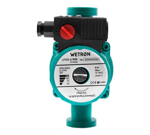 Насос циркуляційний 75Вт Hmax 4м Qmax 40л/хв Ø1 1/2" 180мм зел+гайки Ø1 WETRON LР525–4/180С (774312)