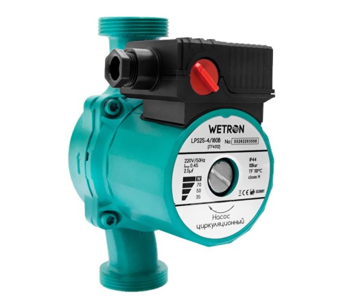 Насос циркуляційний 75Вт Hmax 4м Qmax 40л/хв Ø1 1/2" 180мм зел+гайки Ø1 WETRON LР525–4/180С (774312)