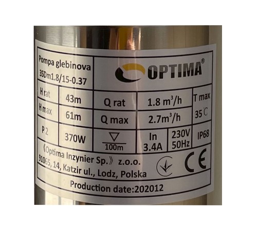 Насос свердловинний з підв, стійк, до піску 3″ OPTIMA 3SDm1,8/15 0,37 кВт 61м +пульт+кабель 35м NEW