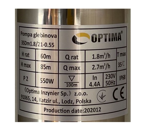 Насос свердловинний з підв, стійк, до піску 3″ OPTIMA 3SDm1,8/21 0,55 кВт 85м +пульт+кабель 1,5мNEW