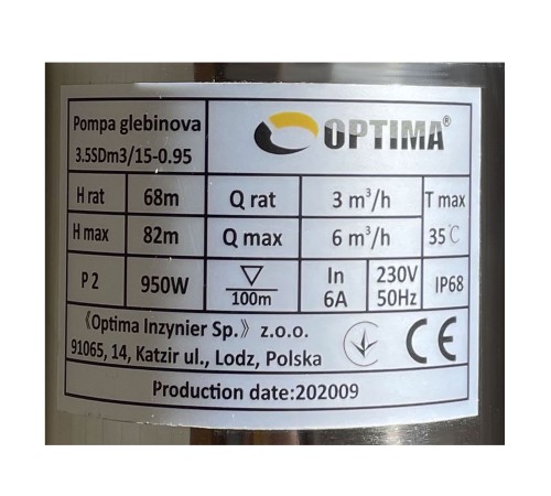 Насос свердловинний з підв, стійк, до піску OPTIMA 3,5SDm3/15 0,95 кВт 82м кабель 1,5м NEW