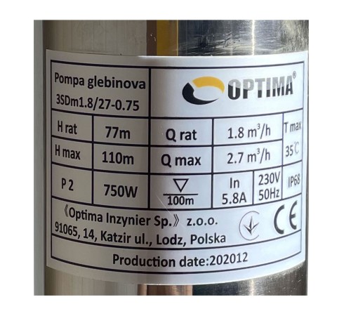 Насос свердловинний з підв, стійк, до піску 3″ OPTIMA 3SDm1,8/27 0,75 кВт 115м +пульт+кабель 1,5мNEW