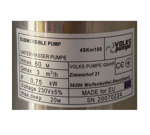 Насос свердловинний вихровий VOLKS pumpe 4SKm100 0,75кВт + кабель 15м + пульт