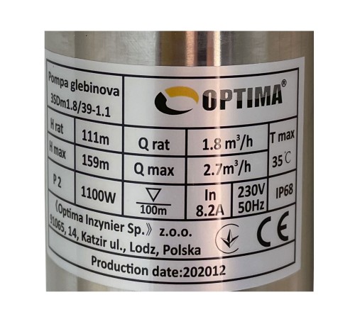 Насос свердловинний з підв, стійк, до піску 3″ OPTIMA 3SDm1,8/39 1,1 кВт 159м +пульт+кабель 1,5мNEW