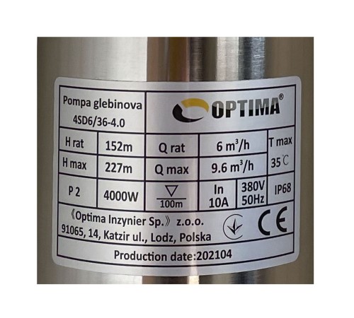 Насос свердловинний з підв, стійк, до піску OPTIMA 4SD6/36 4,0 кВт 227м 3-фазний ( 2 частини )